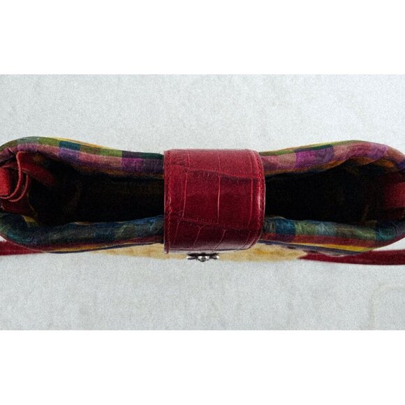 BRIGHTON Natural Woven Straw Madras Plaid Silk Red Croco Embossed Shoulder Bag